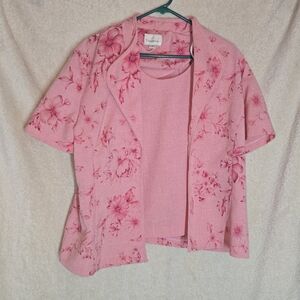 Women's Vintage Pink Floral Two-Piece Set Tradition Short-Sleeved Open-Front Jac